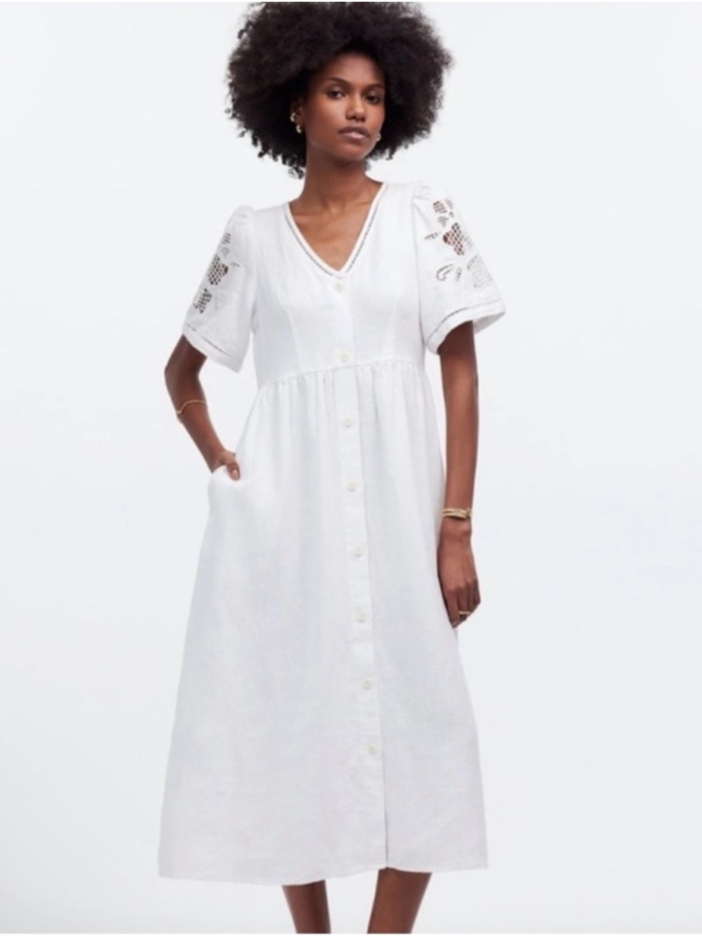 Madewell Cassie Button Front Linen White Midi Dress size Medium